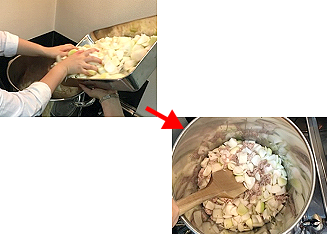 玉ねぎを入れて、透明になるまで炒めます。